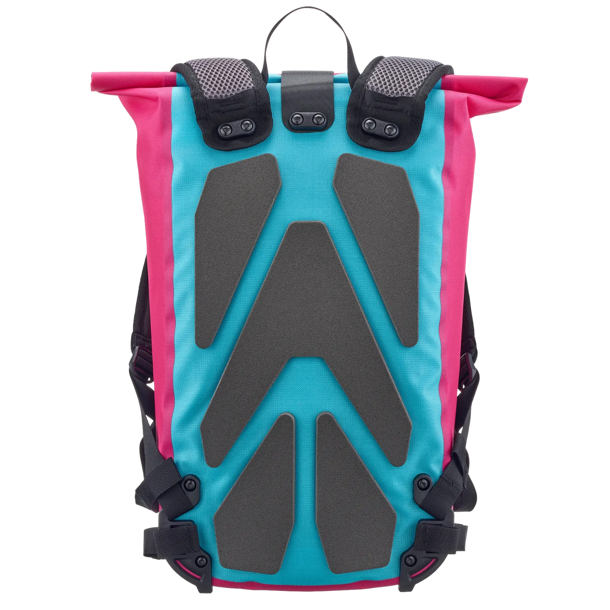 Cyber blue roll-top backpack with pink sides, black padded back panel, and adjustable straps.