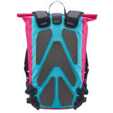 Cyber blue roll-top backpack with pink sides, black padded back panel, and adjustable straps.