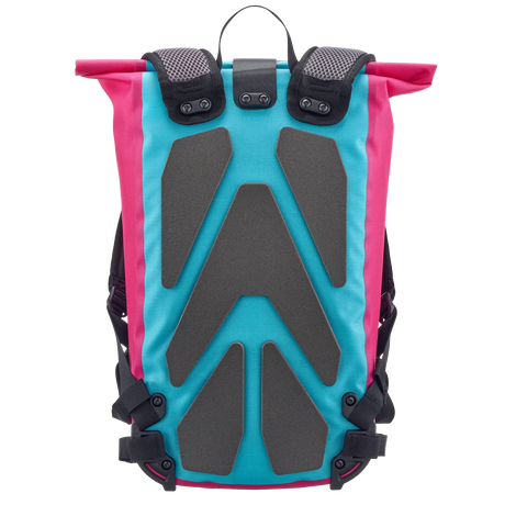 Cyber blue roll-top backpack with pink sides, black padded back panel, and adjustable straps.