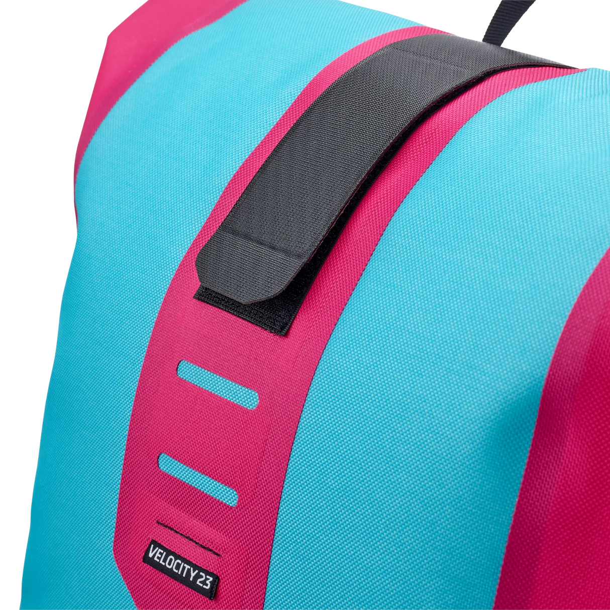 Cyber blue and pink roll-top backpack with black handle and reflective strips on front panel.