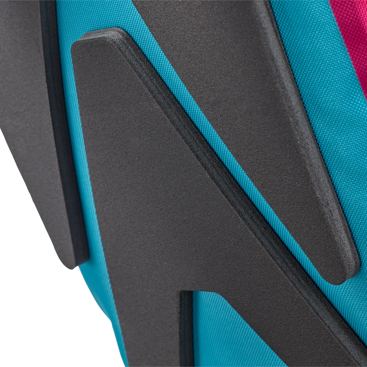 Close-up of Cyber Blue ortlieb Velocity Lite 23L backpack showing black padded back panel and bright blue fabric with red.