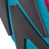 Close-up of Cyber Blue ortlieb Velocity Lite 23L backpack showing black padded back panel and bright blue fabric with red.