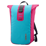 Cyber blue and pink roll-top backpack with black handle and reflective strip on front.