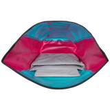 Open Ortlieb Velocity Lite 23L Cyber Blue backpack showing spacious interior with padded laptop compartment and vibrant pink .