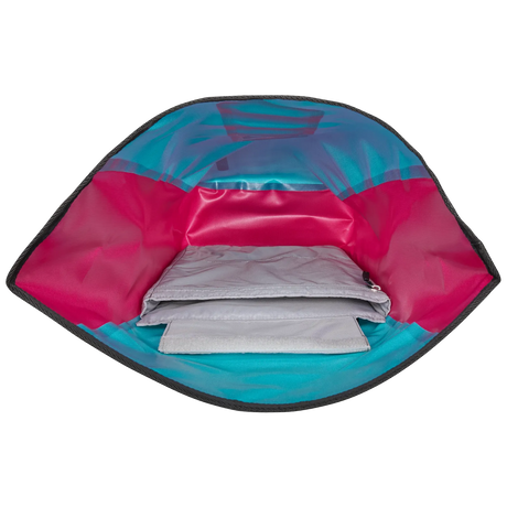 Open Ortlieb Velocity Lite 23L Cyber Blue backpack showing spacious interior with padded laptop compartment and vibrant pink .