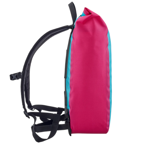 Slim roll-top backpack in cyber blue with bright pink front panel and black adjustable shoulder straps.