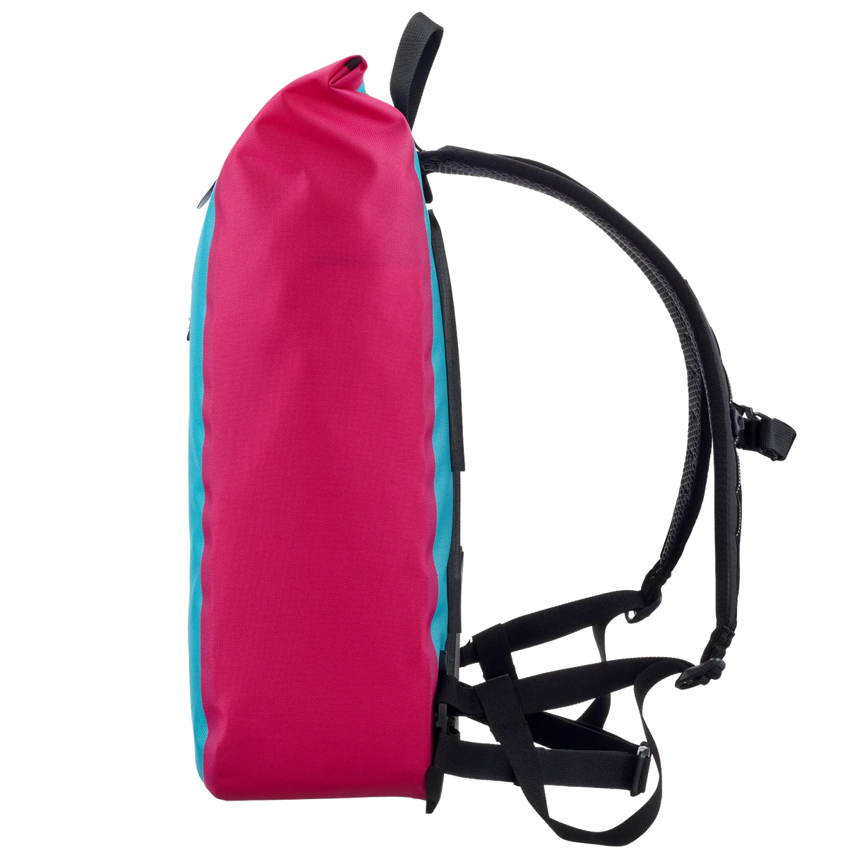 Slim cyber blue and magenta backpack with black adjustable straps and top handle.
