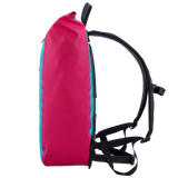 Slim cyber blue and magenta backpack with black adjustable straps and top handle.