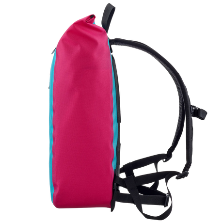 Slim cyber blue and magenta backpack with black adjustable straps and top handle.