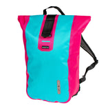 Bright cyan and pink roll-top waterproof backpack with black straps and clip closure.