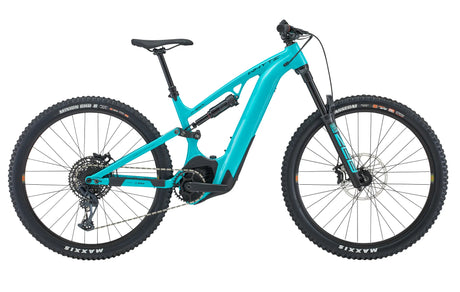 The Whyte E-160 S 29er V1 Full Suspension Mountain Bike, from the brand Whyte, showcases a turquoise frame with black tires and a sleek design. It features full suspension, disc brakes, and a high-capacity battery pack on the downtube, all presented against a white background.