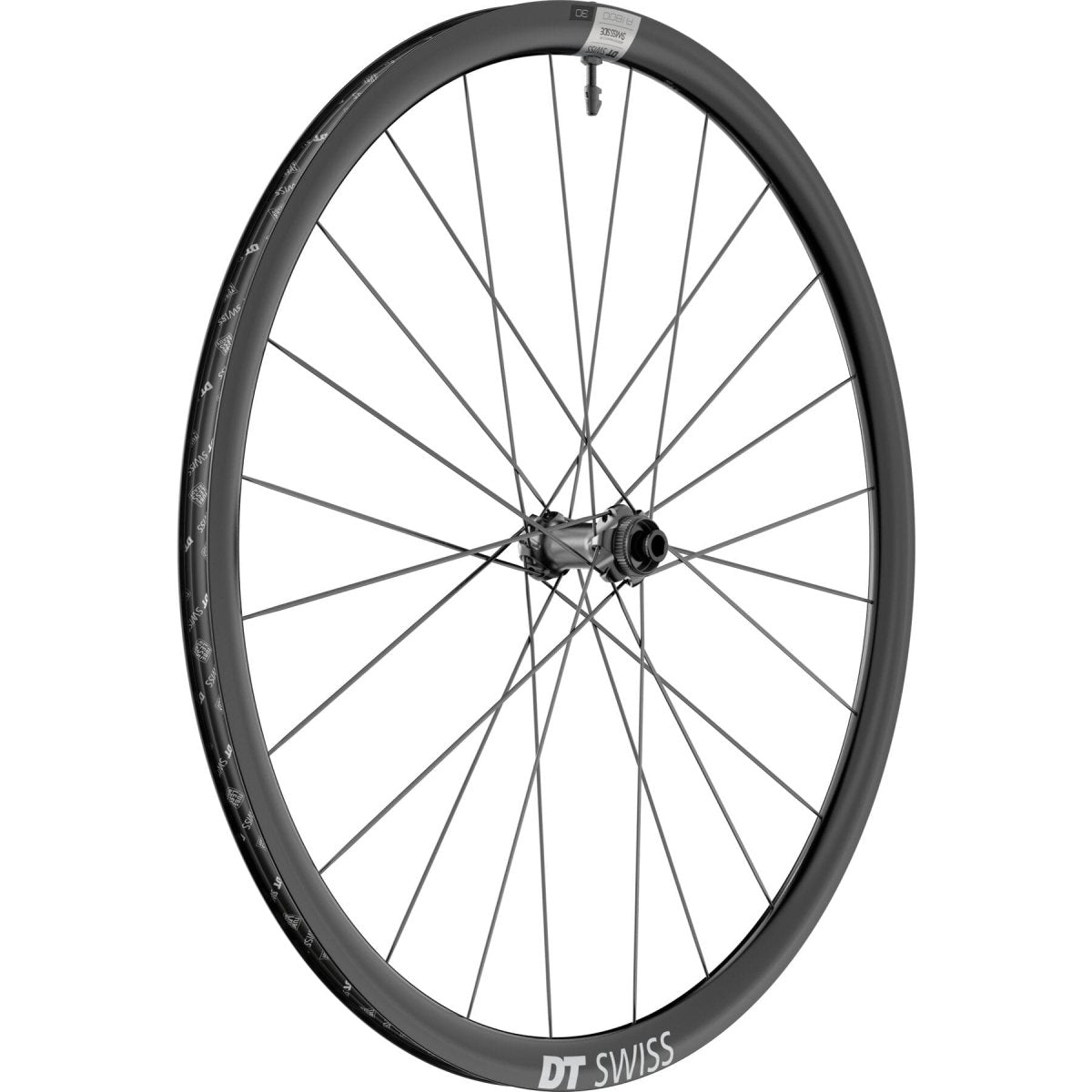 A 1800 SPLINE disc brake wheel, clincher 30 x 20 mm from DT Swiss featured with a black rim, spokes, and a central hub. The rim displays the DT Swiss logo near the bottom. The wheel is set against a white background in the photograph.