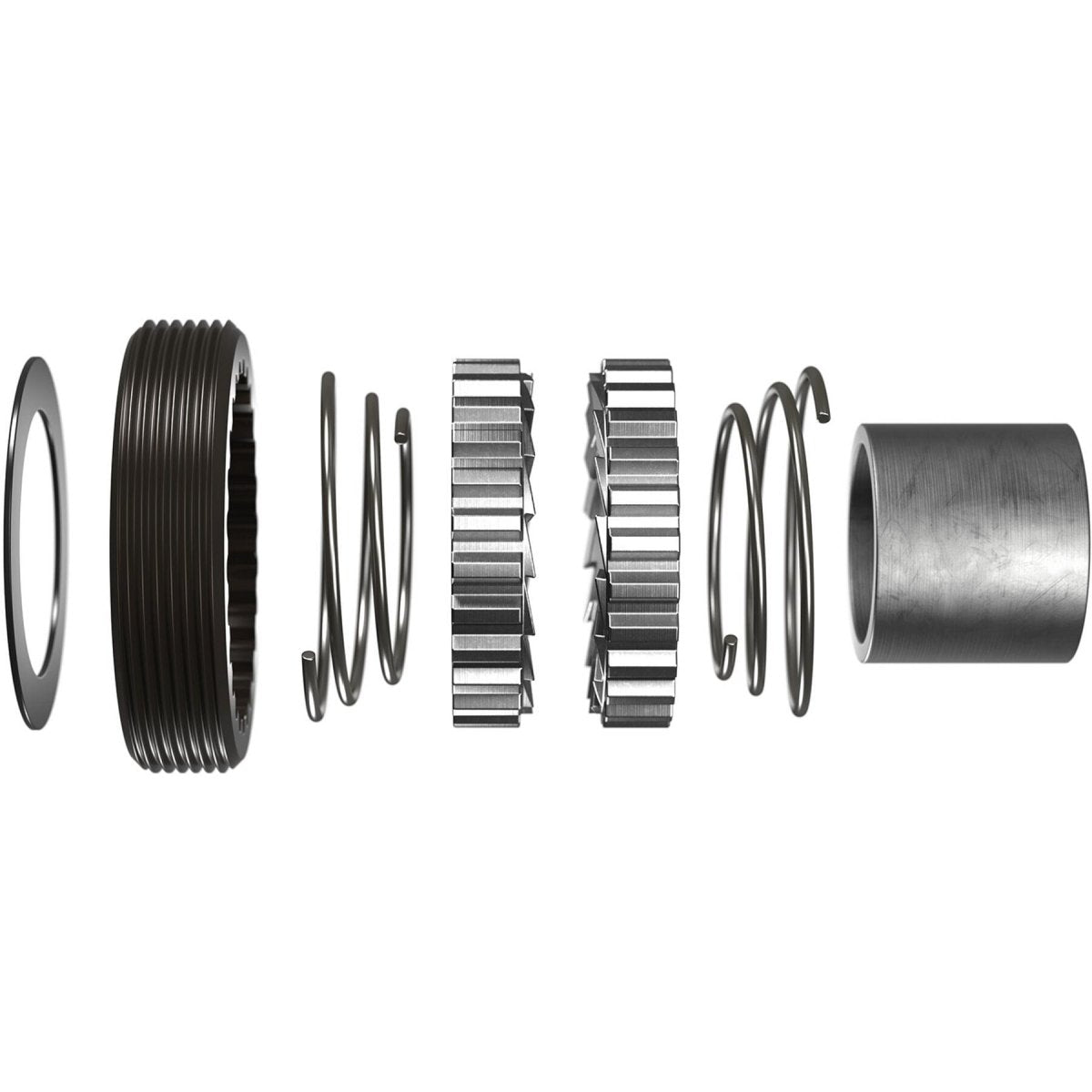 An exploded view of various mechanical components: a threaded metal ring, a helical spring, a gear assembly, another helical spring, and a cylindrical metal sleeve, all aligned horizontally against a white background from the DT Swiss A 1800 SPLINE disc brake wheel, clincher 30 x 20 mm, front.