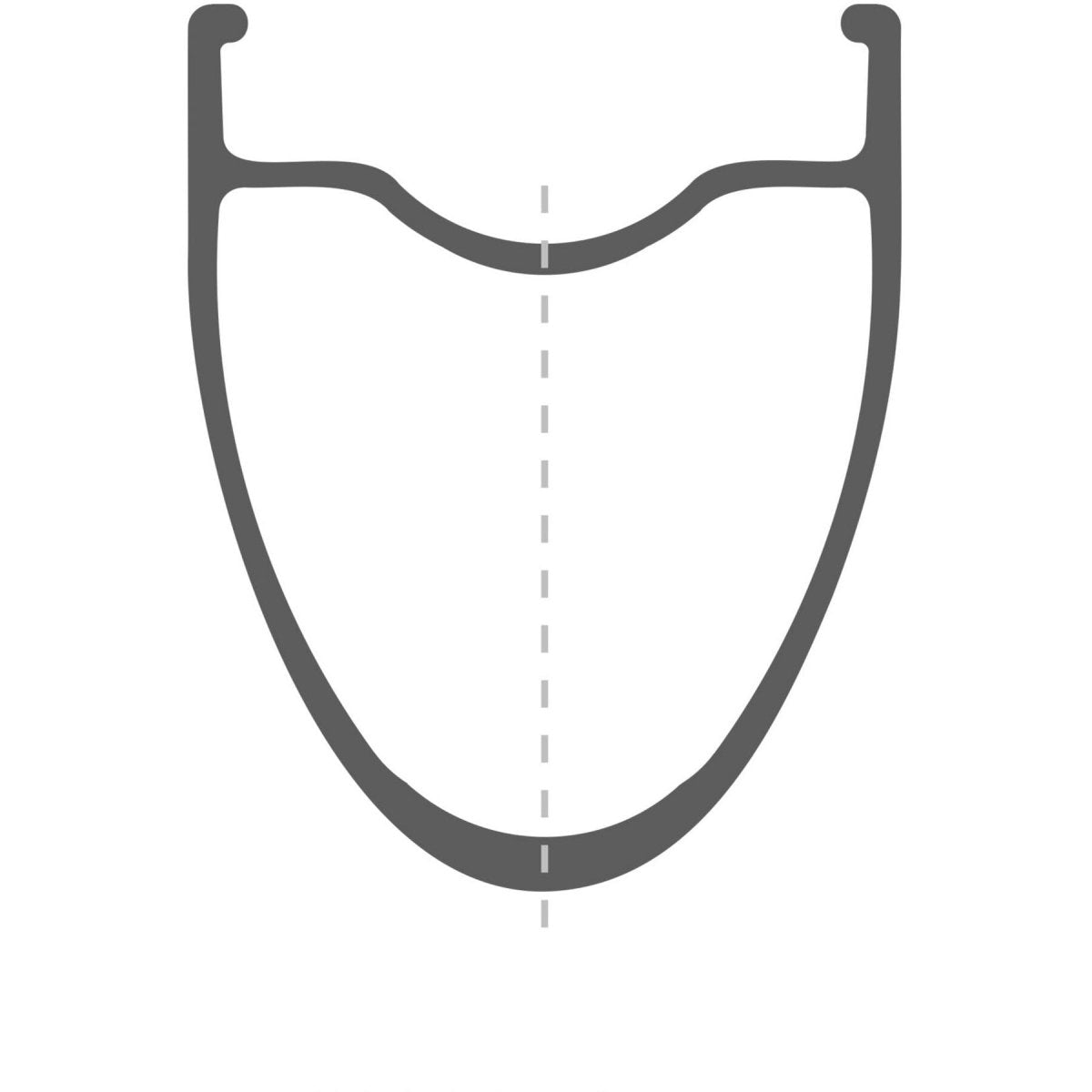 The A 1800 SPLINE disc brake wheel by DT Swiss boasts a symmetrical U-shaped profile with a wider, straight section at the top and a curved bottom. A dashed vertical line divides the center, highlighting its symmetry. The illustration is presented in solid grey against a white background. This clincher wheel measures 30 x 20 mm and is Shimano rear compatible.