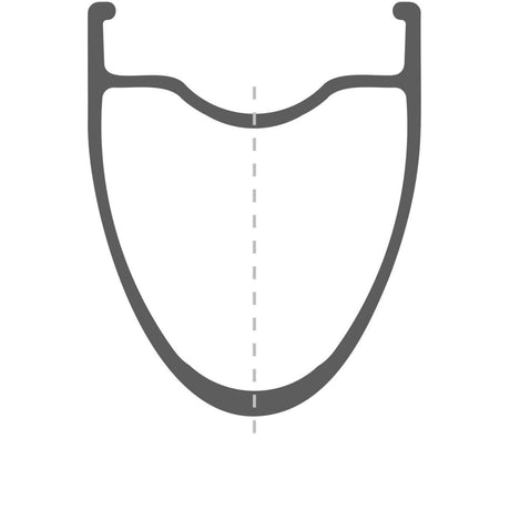 The A 1800 SPLINE disc brake wheel by DT Swiss boasts a symmetrical U-shaped profile with a wider, straight section at the top and a curved bottom. A dashed vertical line divides the center, highlighting its symmetry. The illustration is presented in solid grey against a white background. This clincher wheel measures 30 x 20 mm and is Shimano rear compatible.