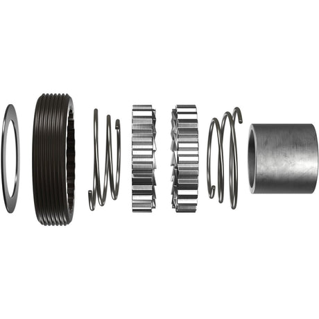 The image shows an exploded view of the DT Swiss A 1800 SPLINE disc brake wheel, clincher 30 x 20 mm, Shimano rear mechanical assembly. It consists of various components including a grooved cylindrical piece, several springs and washers, and toothed gear-like parts, all aligned in a row to display their internal structure and arrangement.