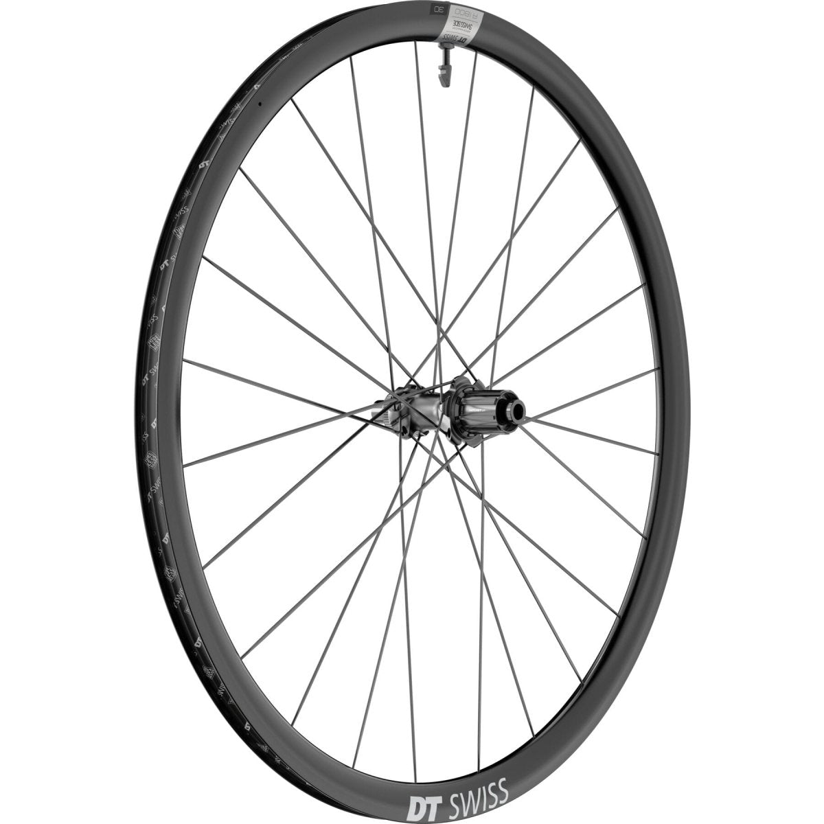 Image of a DT Swiss A 1800 SPLINE disc brake wheel, clincher 30 x 20 mm, Shimano rear, featuring a black rim with multiple spokes extending from a central hub. The wheel is displayed against a white background, showing its overall design and structure clearly.