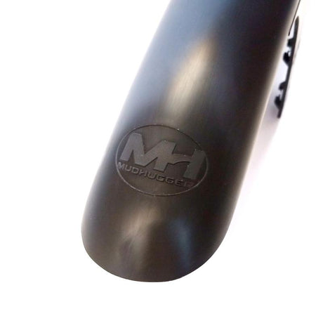 Close view of the moulded MH logo on the tail of the Mudhugger Gravel Hugger front mudguard