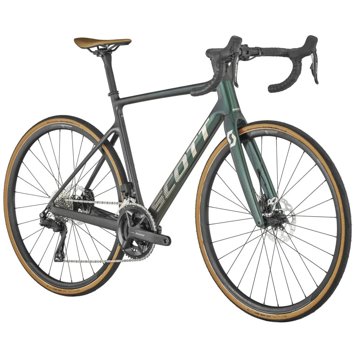 A sleek, blue road bike with a lightweight frame, drop handlebars, tan sidewall tires, and a modern gear system. The brand name "Scott" is prominently displayed on the frame. The Addict 20 Blue Road Bike features disc brakes and a streamlined saddle.