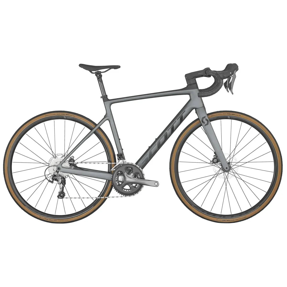 The Scott Addict 40 Grey Road Bike features a sleek, compact frame design with drop handlebars and thin tires. The bicycle, finished in a modern grey color with tan sidewalls on the tires, boasts disc brakes and a minimalistic appearance that gives it a contemporary and athletic look.