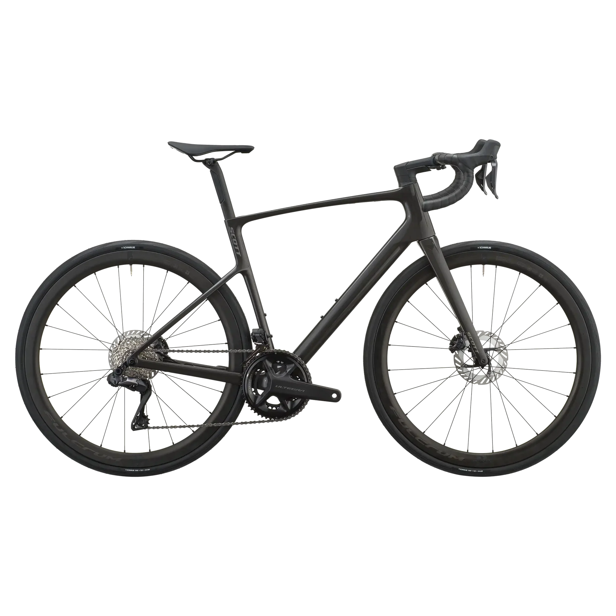 Carbon black Scott Addict 20 road bike, drive-side profile with Shimano Ultegra groupset and disc brakes.