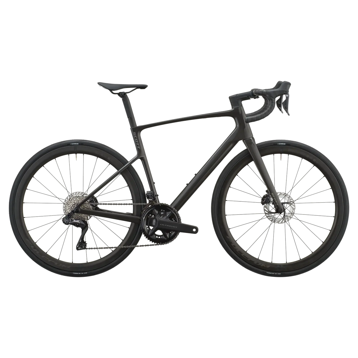 Carbon black Scott Addict 20 road bike, drive-side profile with Shimano Ultegra groupset and disc brakes.