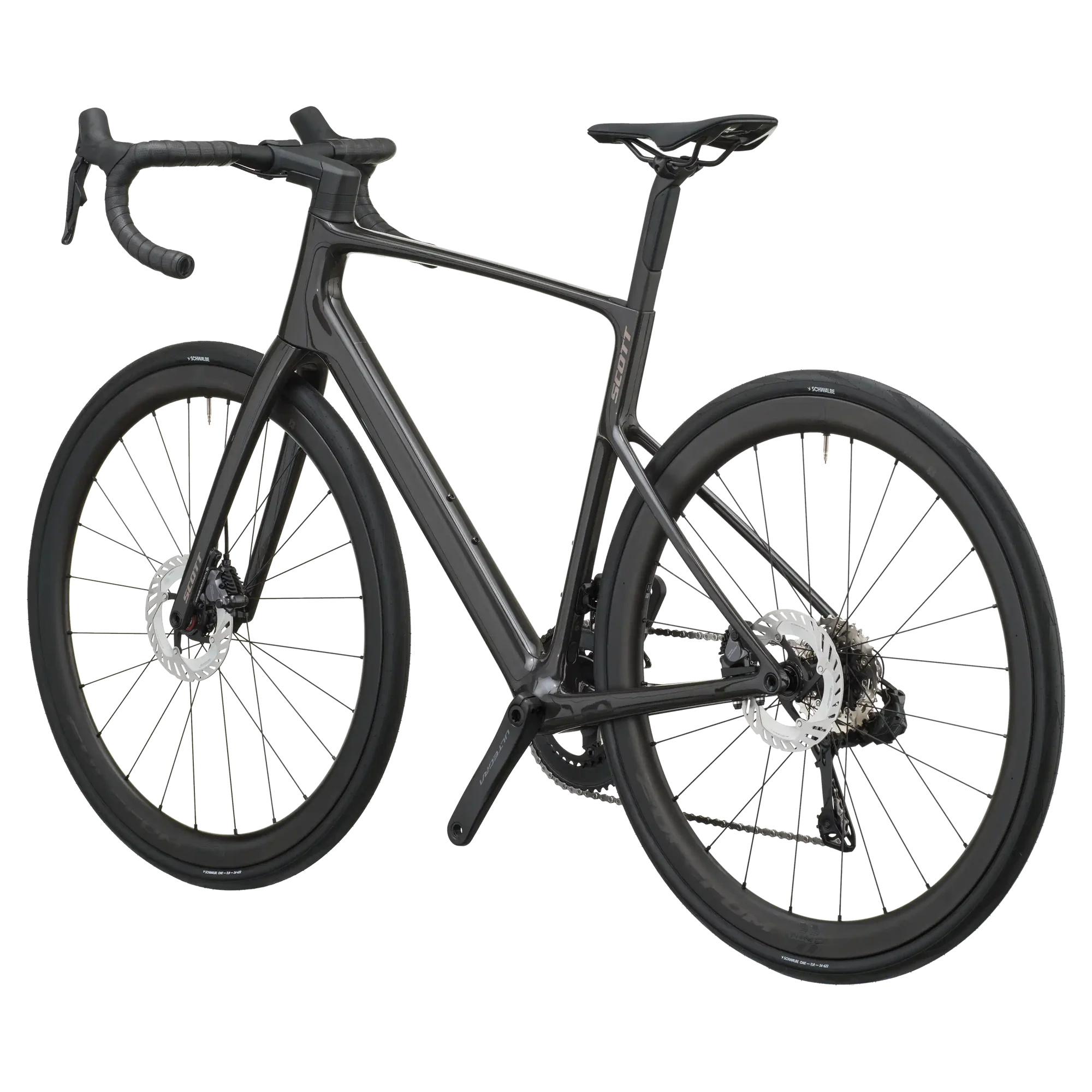 Carbon black Scott Addict 20 road bike from a rear three-quarter angle showing the dropped seat stays and disc rotors.
