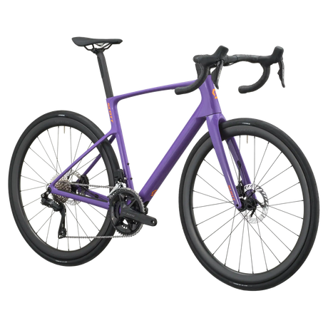 Nebula purple Scott Addict 30 road bike from a front three-quarter angle showing the aero head tube and drop bars.