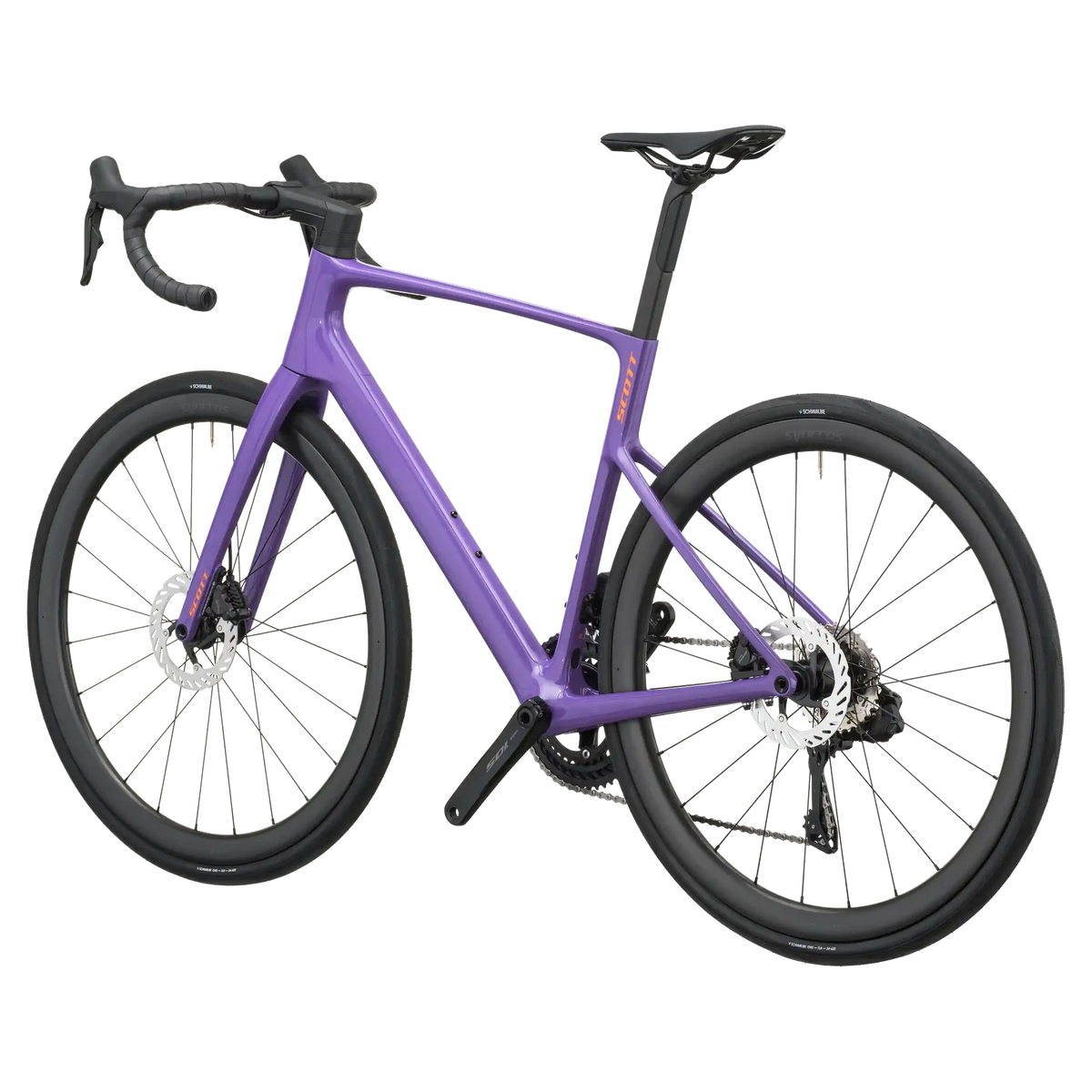 Nebula purple Scott Addict 30 road bike from a rear three-quarter angle showing the dropped seat stays and disc rotors.