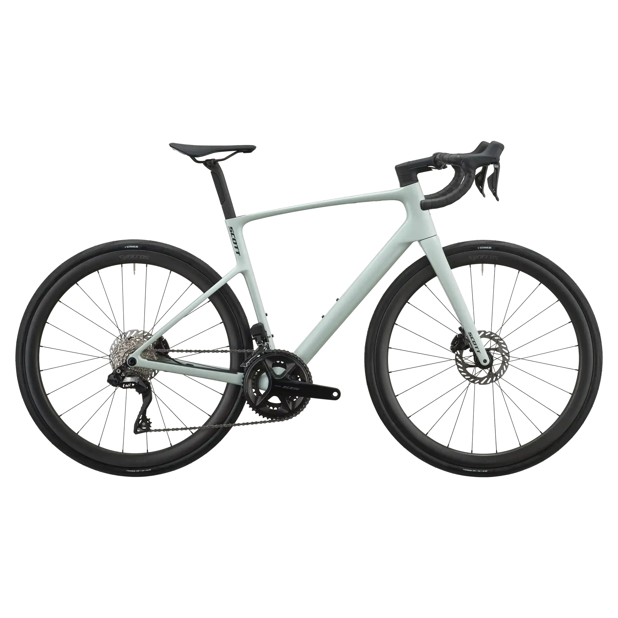 Sand green Scott Addict 30 road bike, drive-side profile with Shimano 105 groupset and disc brakes.