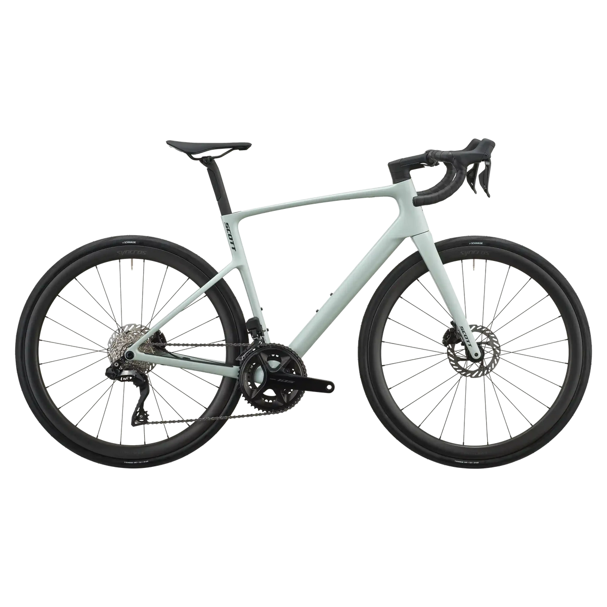 Sand green Scott Addict 30 road bike, drive-side profile with Shimano 105 groupset and disc brakes.