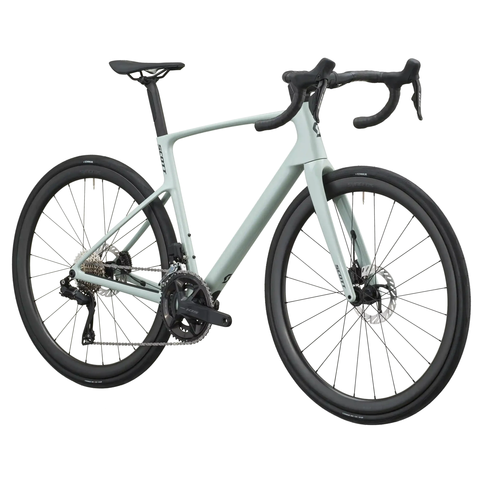 Sand green Scott Addict 30 road bike from a front three-quarter angle showing the aero head tube and drop bars.