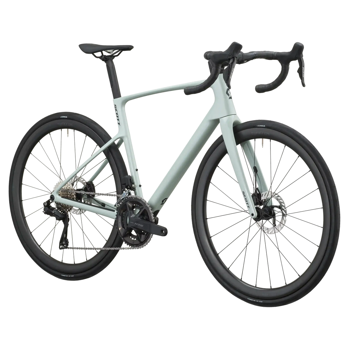 Sand green Scott Addict 30 road bike from a front three-quarter angle showing the aero head tube and drop bars.