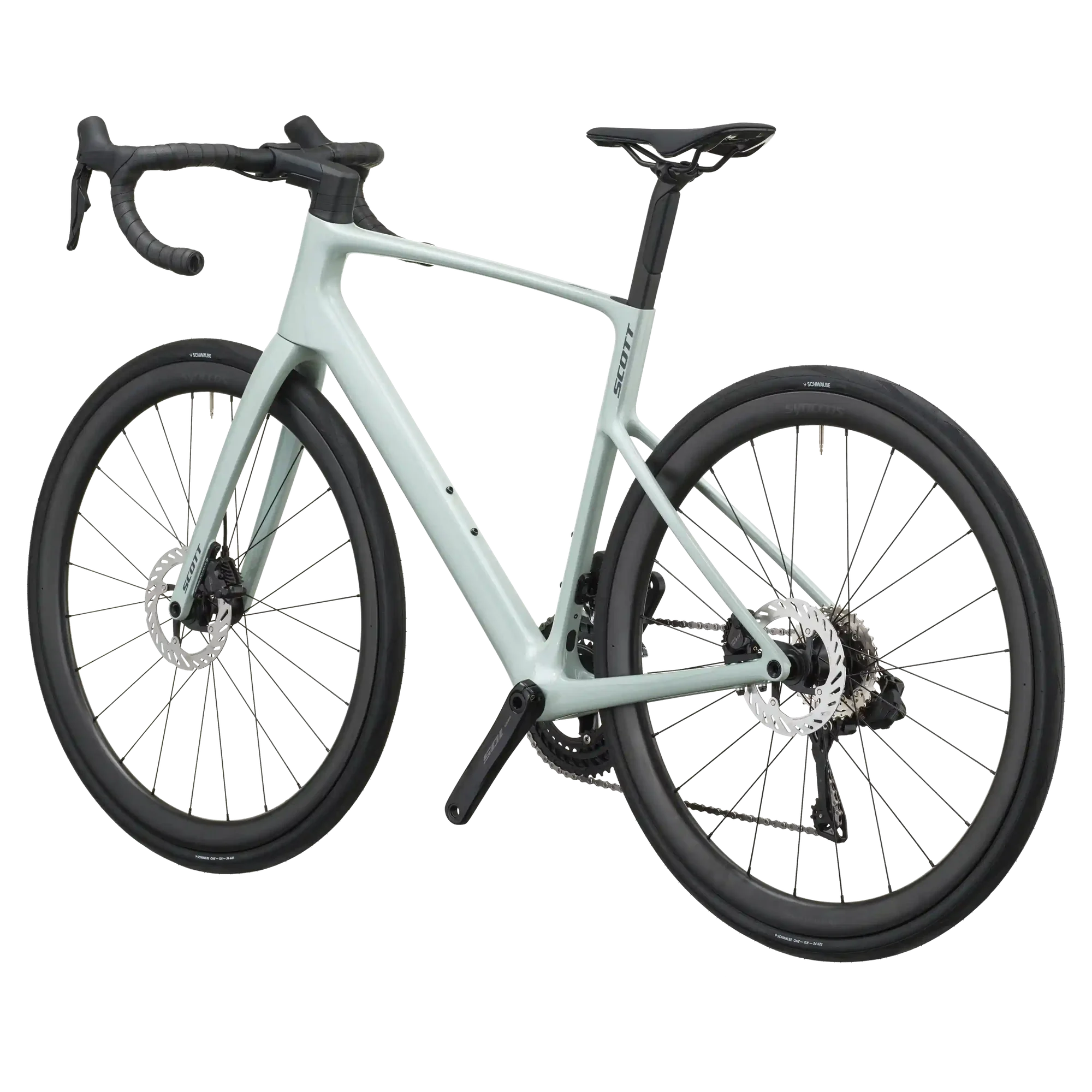 Sand green Scott Addict 30 road bike from a rear three-quarter angle showing the dropped seat stays and disc rotors.