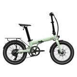 Sage green folding electric bike with 20" wheels and rear cargo rack.