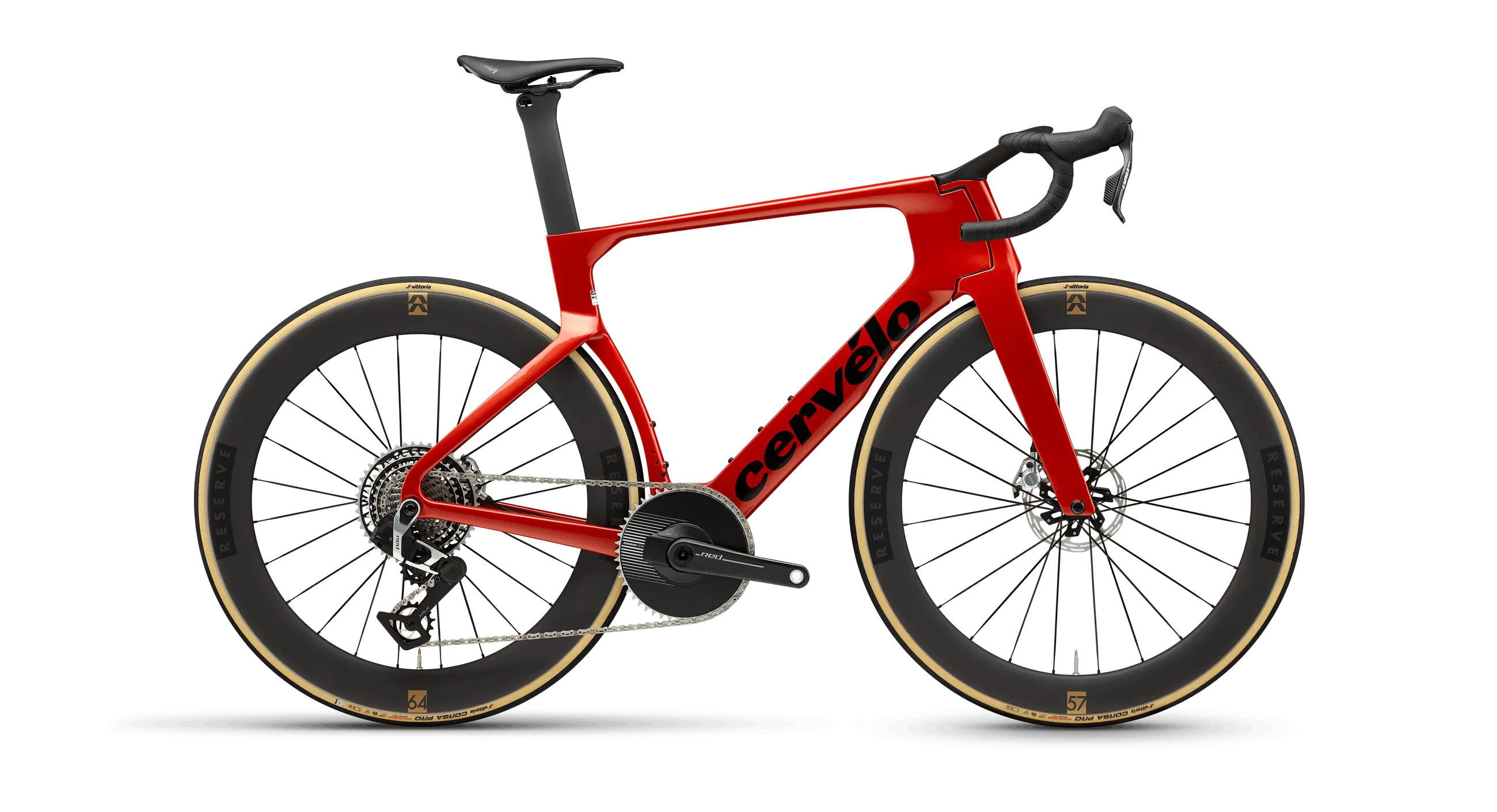 Cervélo S5 Red XPLR AXS 1 Road Bike featuring aerodynamic carbon frame, deep-section wheels, and SRAM Red drivetrain for high-speed performance.