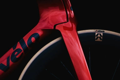 Front fork and wheel detail of Cervélo S5 Red XPLR AXS 1 Road Bike, highlighting precision carbon design and Vittoria tire branding.