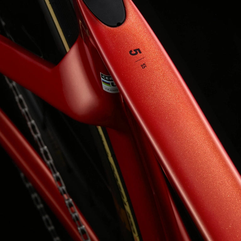 Top tube view of Cervélo S5 Red XPLR AXS 1 Road Bike with aerodynamic profile and frame size marking, emphasizing lightweight build.