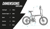 Unfolded dimensions chart of the estarli E20.8 Play Hybrid E-Bike showing measurements for full-size riding setup.