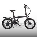 Matte black estarli E20.7 Comfort Hybrid E-Bike with disc brakes and rear rack, built for comfort and performance in urban settings.