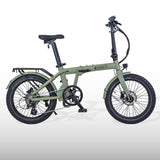 Olive green estarli E20.8 Play Hybrid E-Bike with compact frame and fat tires, ideal for urban and off-road cycling adventures.