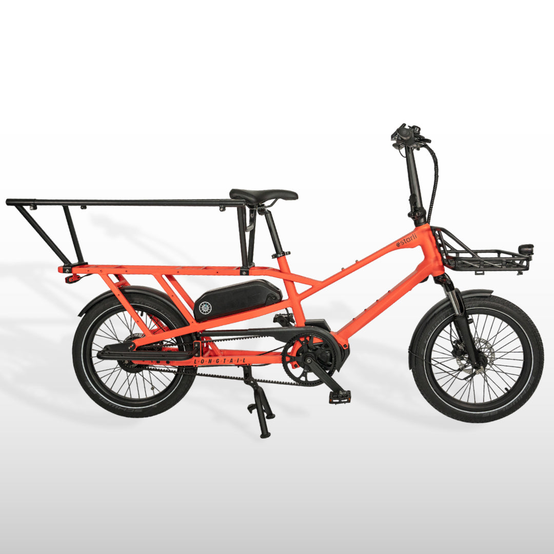 Red estarli eCargo Longtail L20 E-Bike equipped with extended rear rails and side panels, designed for versatile cargo and family use.