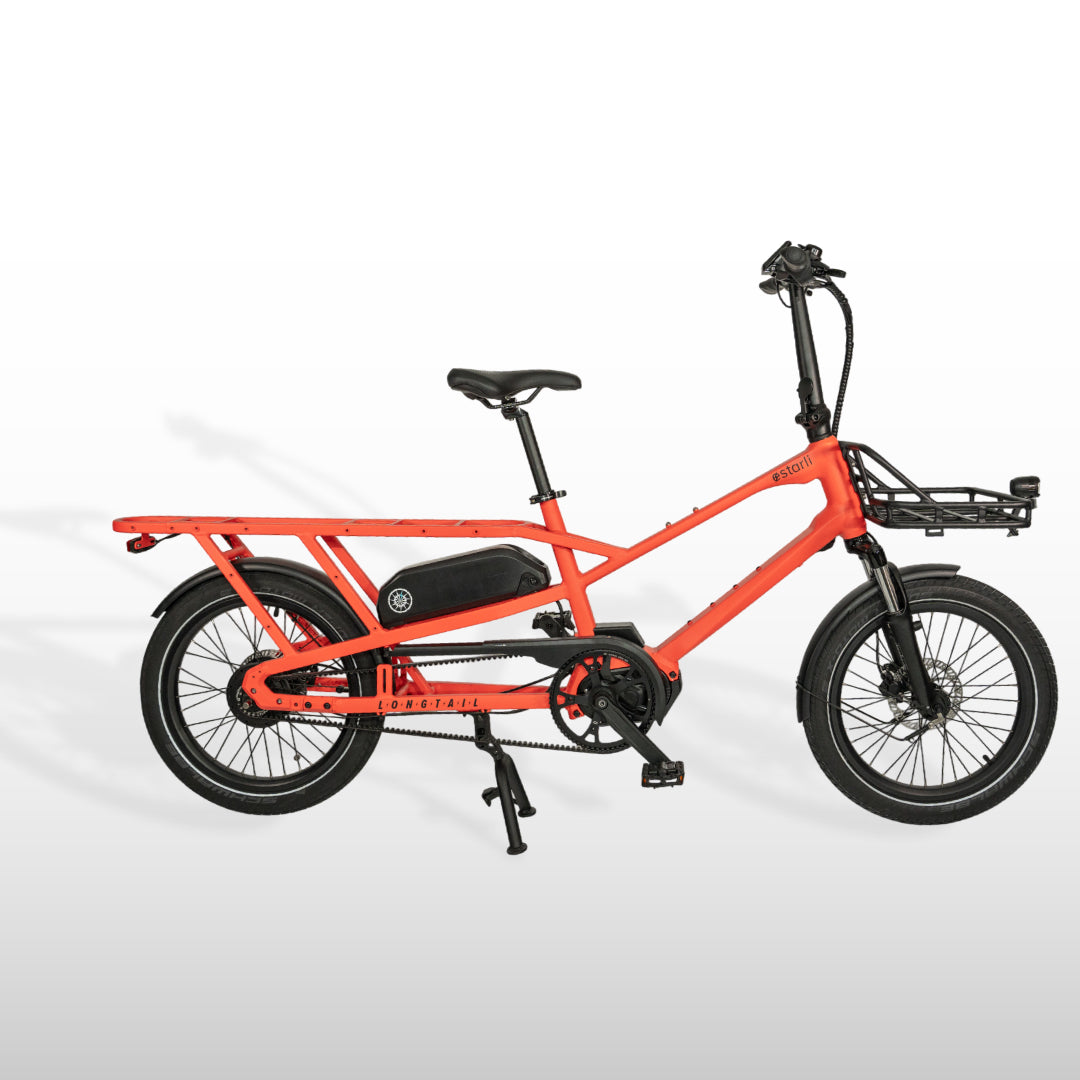 Red estarli eCargo Longtail L20 E-Bike with a long rear rack and front cargo mount, built for efficient urban transport and family rides.