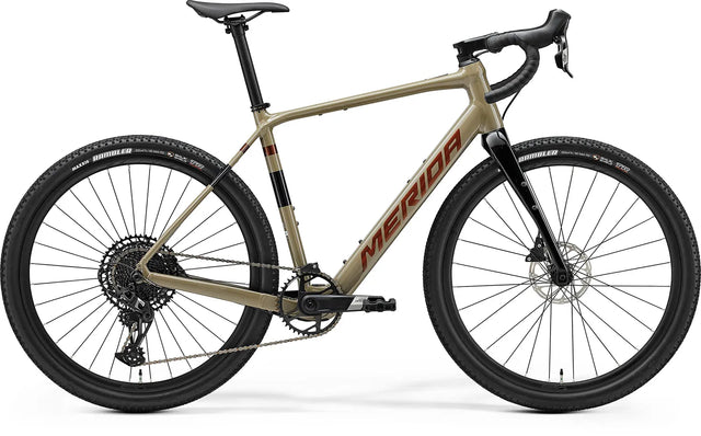 Merida eSilex+ 600 Gravel E-Bike with lightweight frame, drop handlebars, and wide tires for off-road cycling. Ideal for adventure and endurance rides.