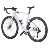 Light violet electric road bike with sleek carbon frame, drop handlebars, and disc brakes.