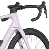 Light purple Scott Fastlane 20 electric road bike front with integrated handlebars and carbon fork.
