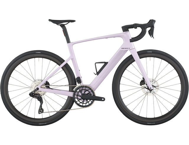 Violet pink electric road bike with lightweight frame, drop handlebars, and disc brakes.