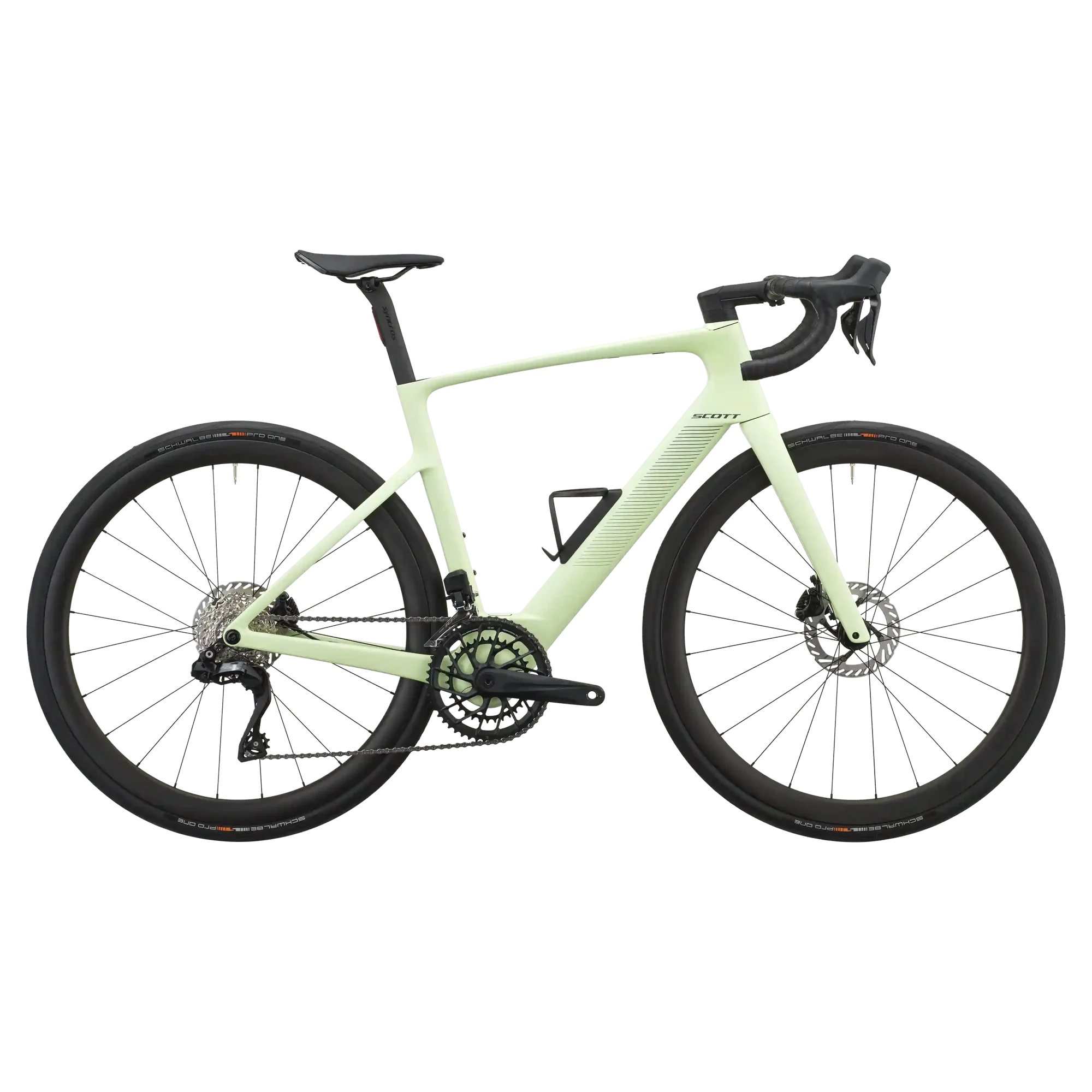 Cream green Scott Fastlane 20 electric road bike, drive-side profile with integrated battery and Schwalbe Pro One tyres.