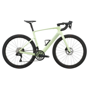 Cream green Scott Fastlane 20 electric road bike, drive-side profile with integrated battery and Schwalbe Pro One tyres.
