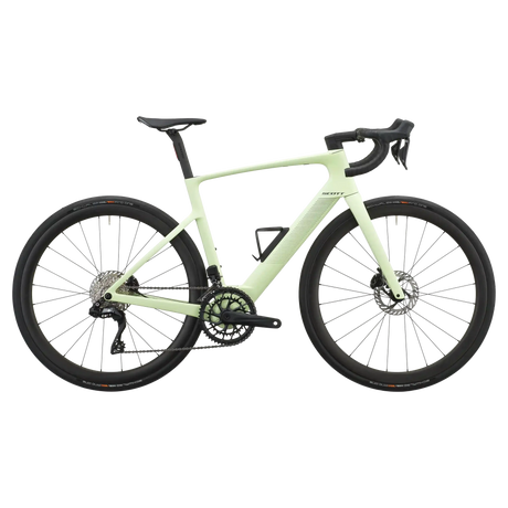 Cream green Scott Fastlane 20 electric road bike, drive-side profile with integrated battery and Schwalbe Pro One tyres.